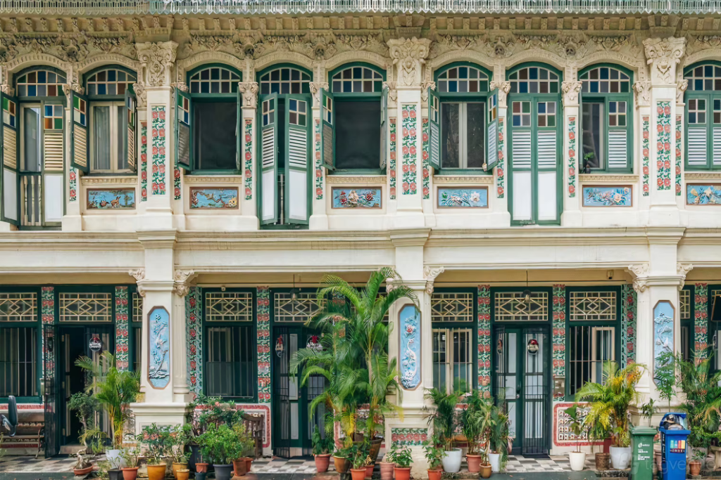 Ornate façade of a Peranakan-style heritage home in Singapore, featuring colourful ceramic tiles, timber shutters and intricate architectural details framed by tropical greenery.
