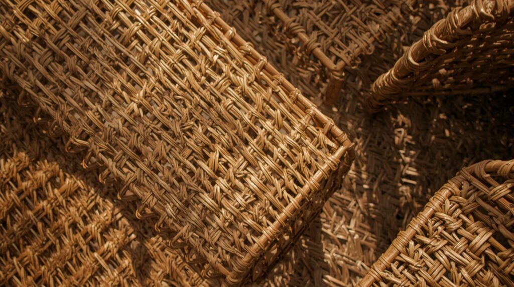Intricately woven rattan furniture highlighting the natural materials used in artisan-crafted home design.